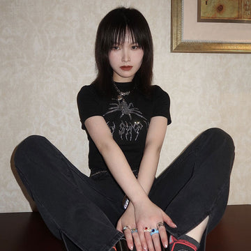 Znbbw Punk Vintage Rhinestone Spider Rhinestone Bling Graphic Short Sleeve Tshirts O-neck Crop Top Harajuku Navel Slim Vest Ins